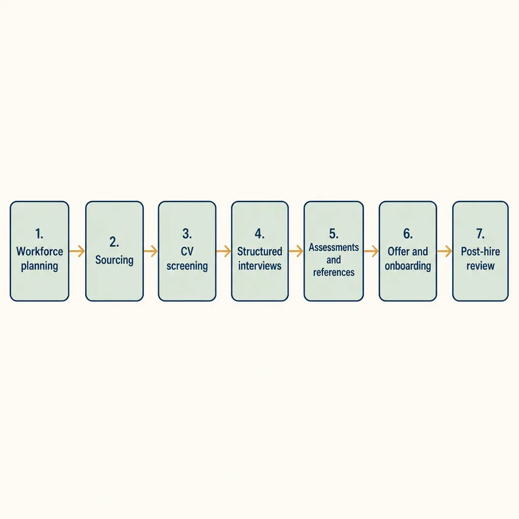Horizontal flowchart of seven hiring stages from Workforce planning to Post-hire review, sage boxes linked by ochre arrows.