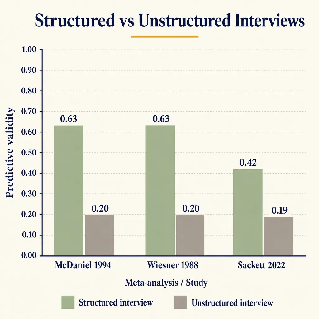 Bar chart comparing structured and unstructured interview validity across McDaniel 1994, Wiesner 1988, and Sackett 2022.