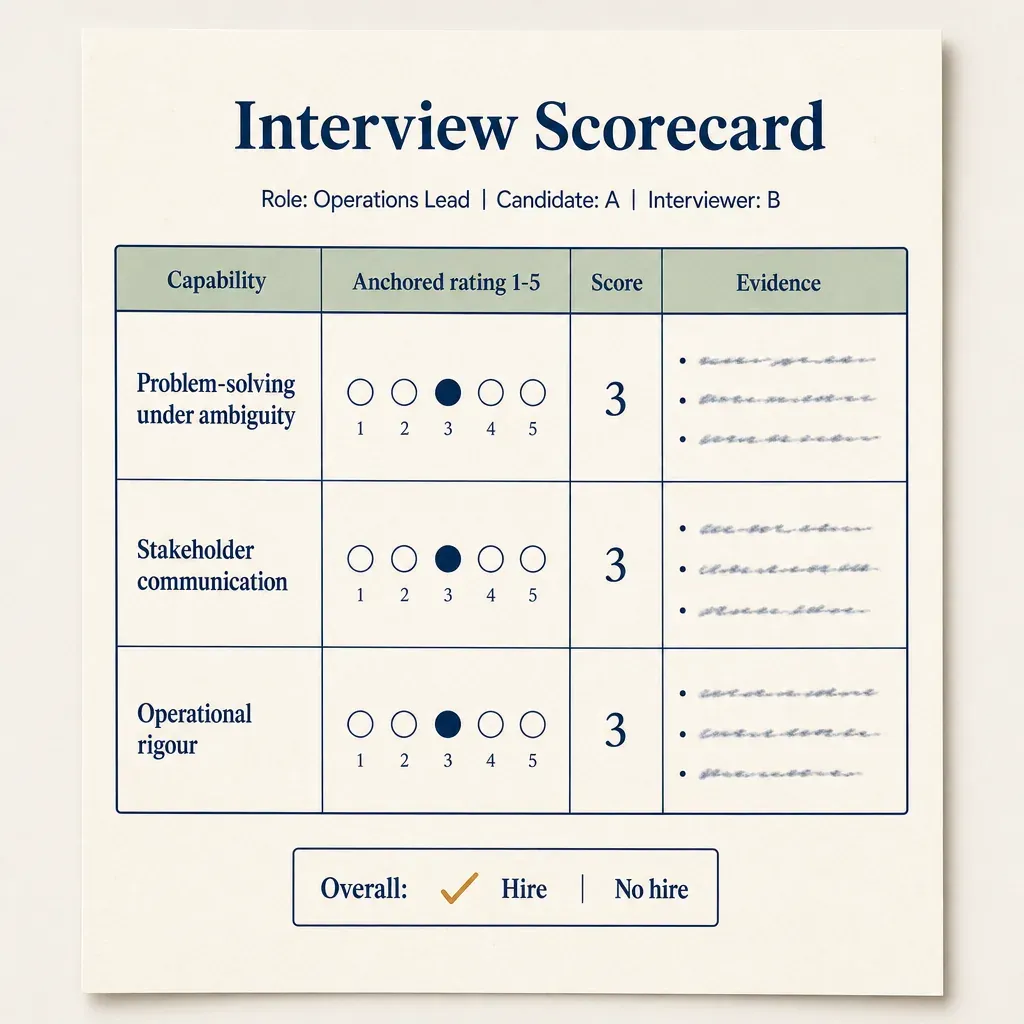 Sample one-page Interview Scorecard with three capabilities, anchored 1-5 dot scales, score column, and evidence column.