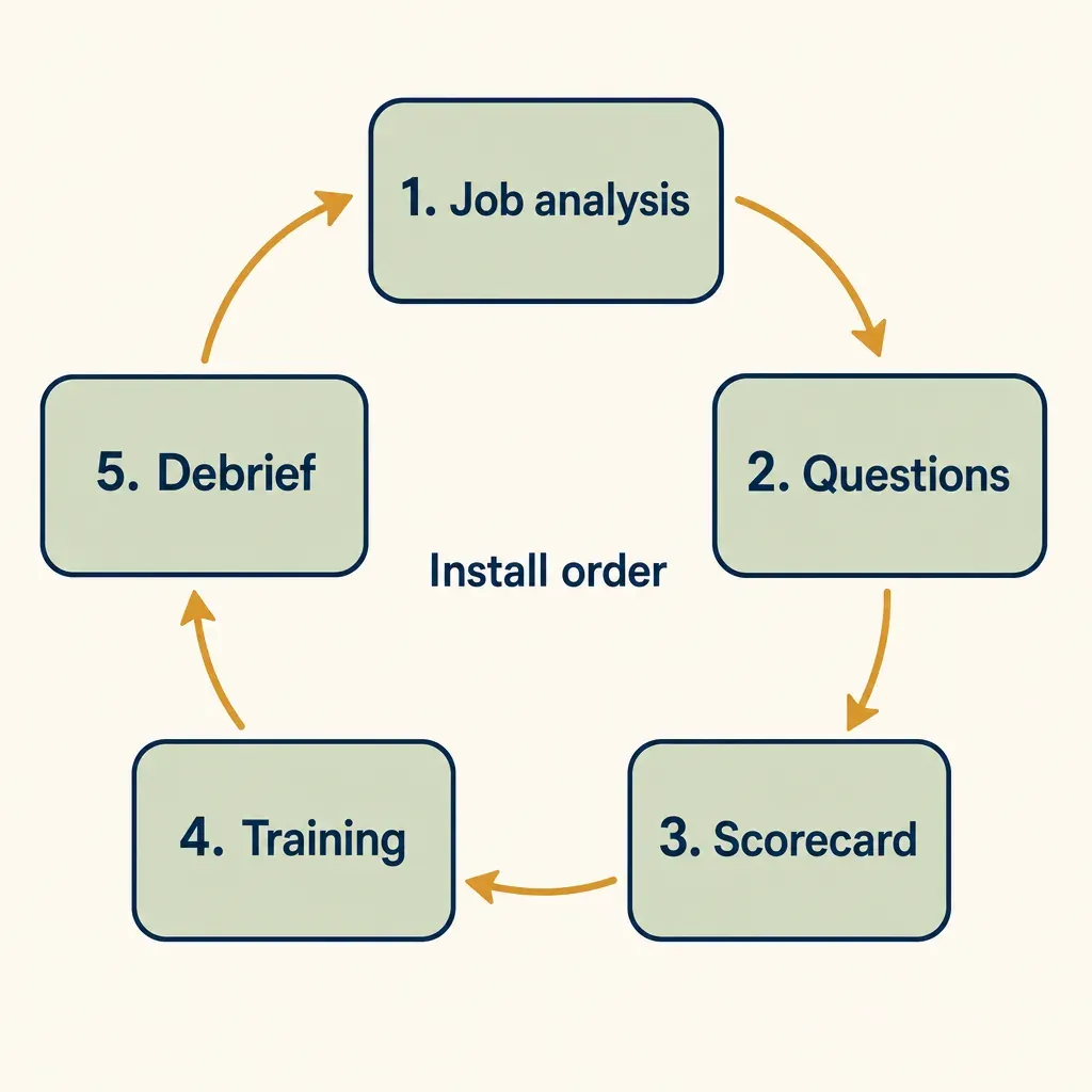 Numbered loop diagram with five sage boxes: Job analysis, Questions, Scorecard, Training, Debrief, linked by ochre arrows.