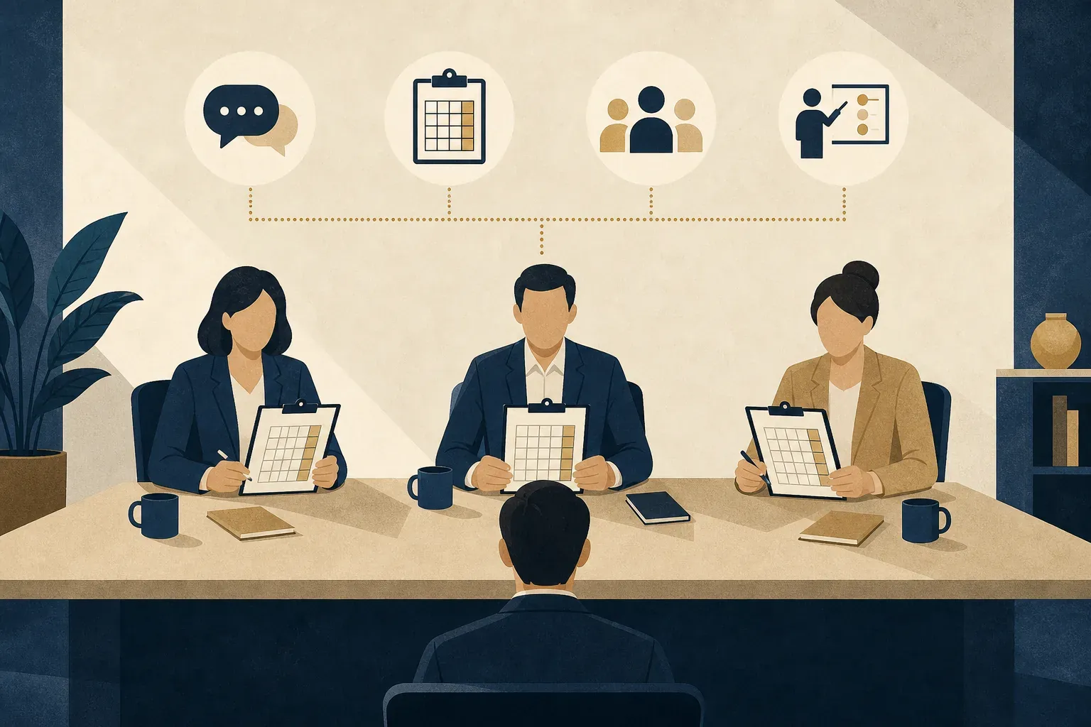 Three interviewers at a long table holding identical scoring clipboards while a candidate sits opposite, with four standardisation icons above.