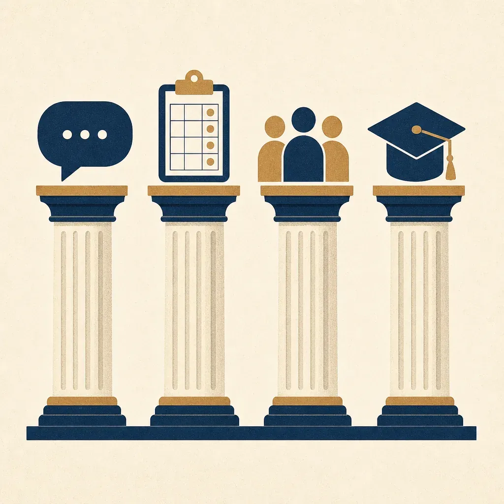 Four classical pillars topped with icons for questions, scoring, panel, and training - the structured interview standardisation pillars.