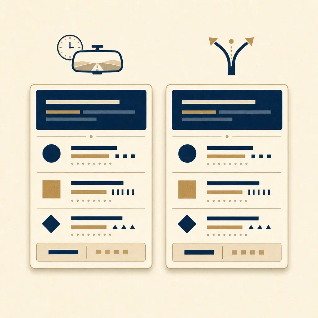 Two side-by-side cards: left card flagged with a rear-view-mirror icon for past behaviour, right card with a forking-path icon for situational.