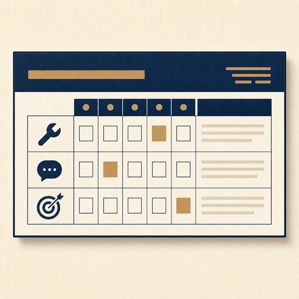 Sample interview scorecard with three competency rows (wrench, speech-bubble, target icons), five anchored rating cells per row, and evidence notes.