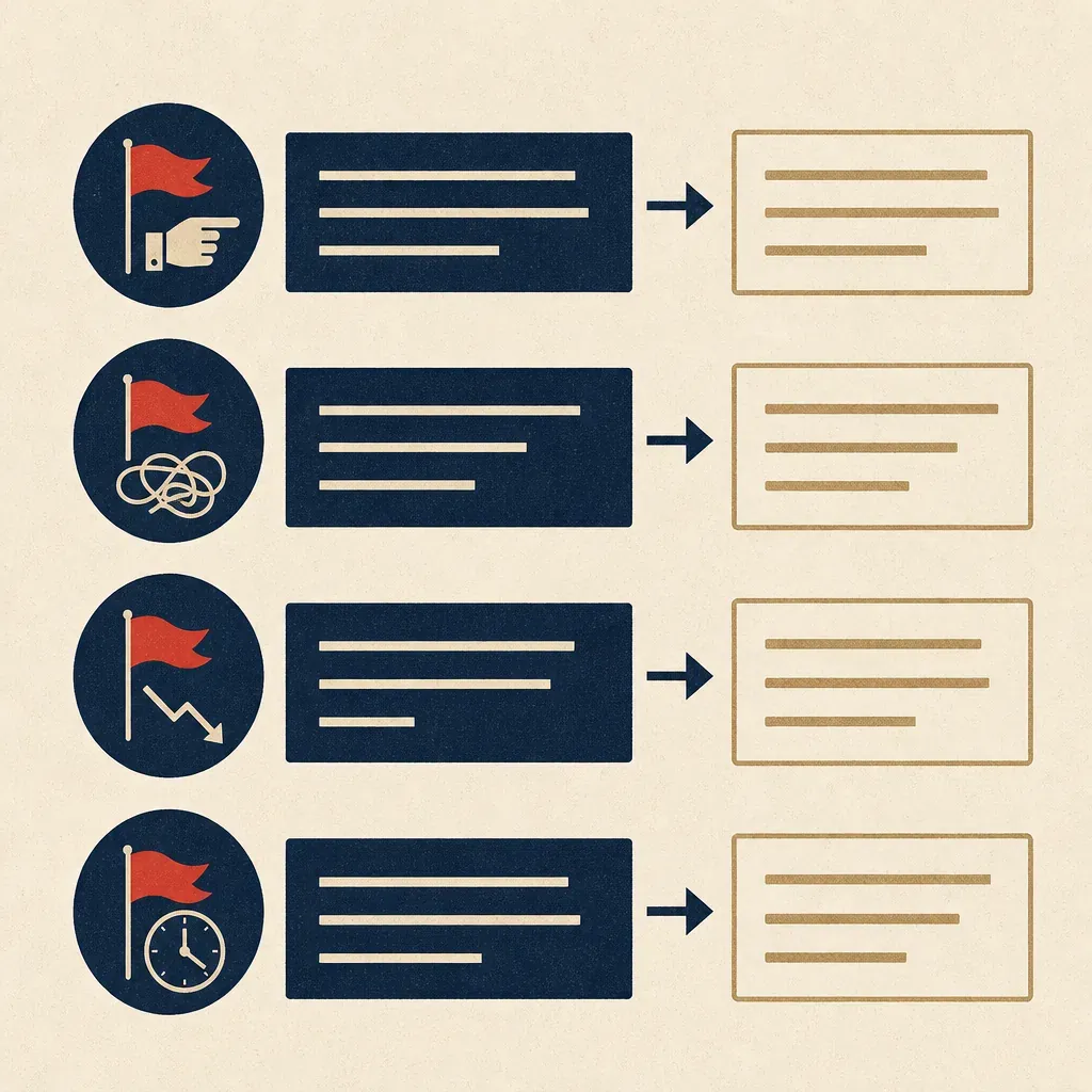 Vertical checklist of four red flag icons - blame, vague, negative, late - each paired by an arrow to a follow-up question card.