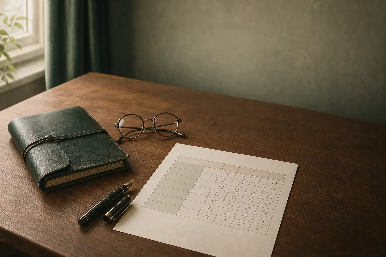 A dark wooden desk with a green leather notebook, fountain pen, glasses, and a paper sheet showing a blank scoring grid.