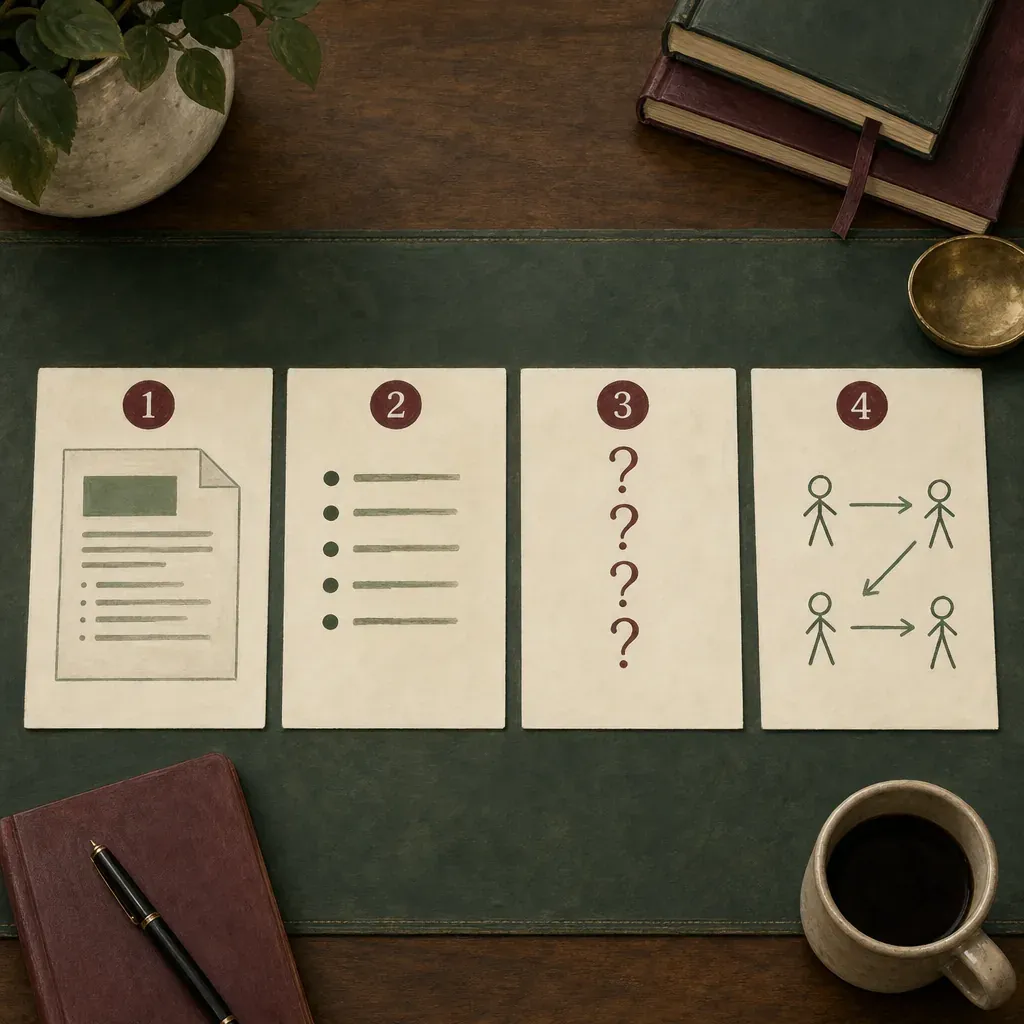 Four numbered cards on a leather desk pad showing the prep tasks: a job page, a list, question marks, and a stick-figure panel.