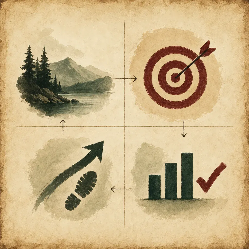 A four-quadrant illustration on parchment of the STAR framework: a landscape, a target, a footprint with arrow, and a bar chart with a tick.