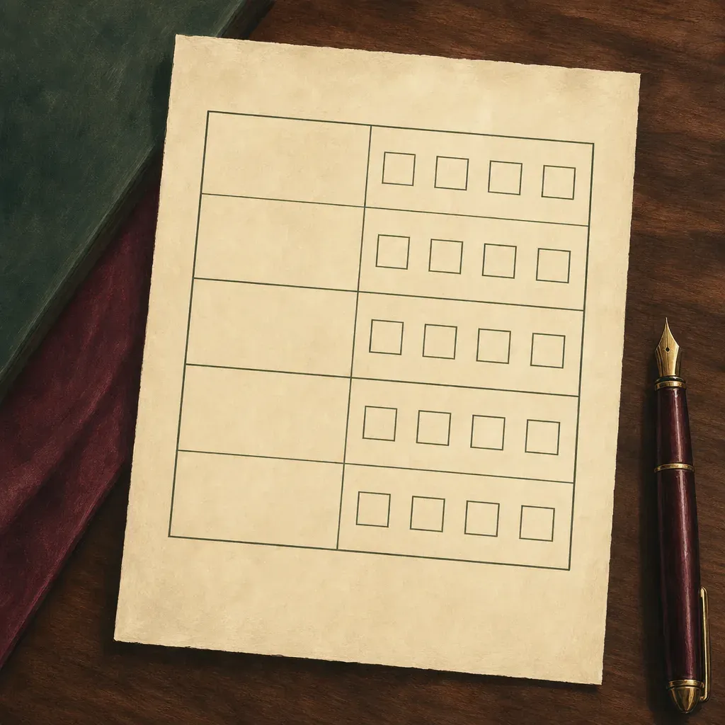 A parchment scorecard on a wooden desk with five blank capability rows and four small rating boxes per row, beside a fountain pen.