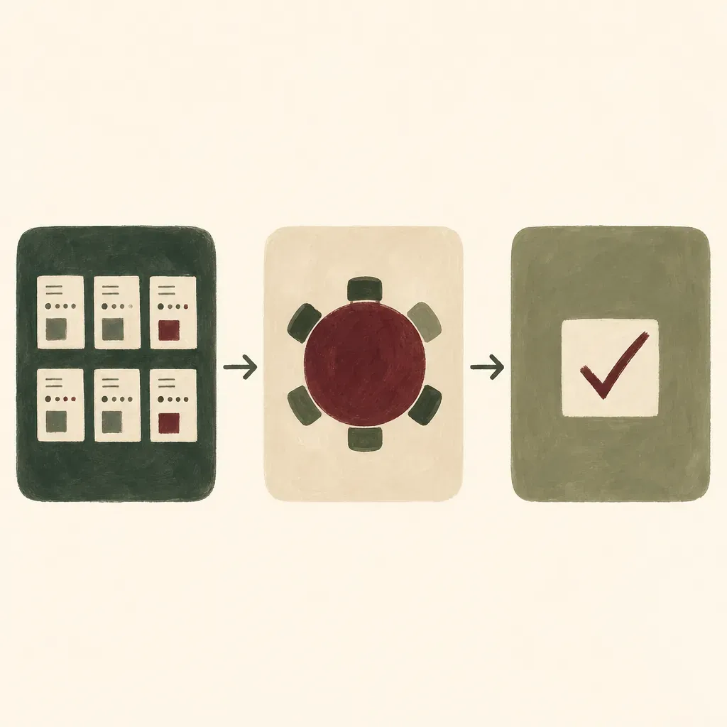 Three flat illustrated cards with arrows: independent scorecards, a round-table discussion, and a final tick mark in a square.