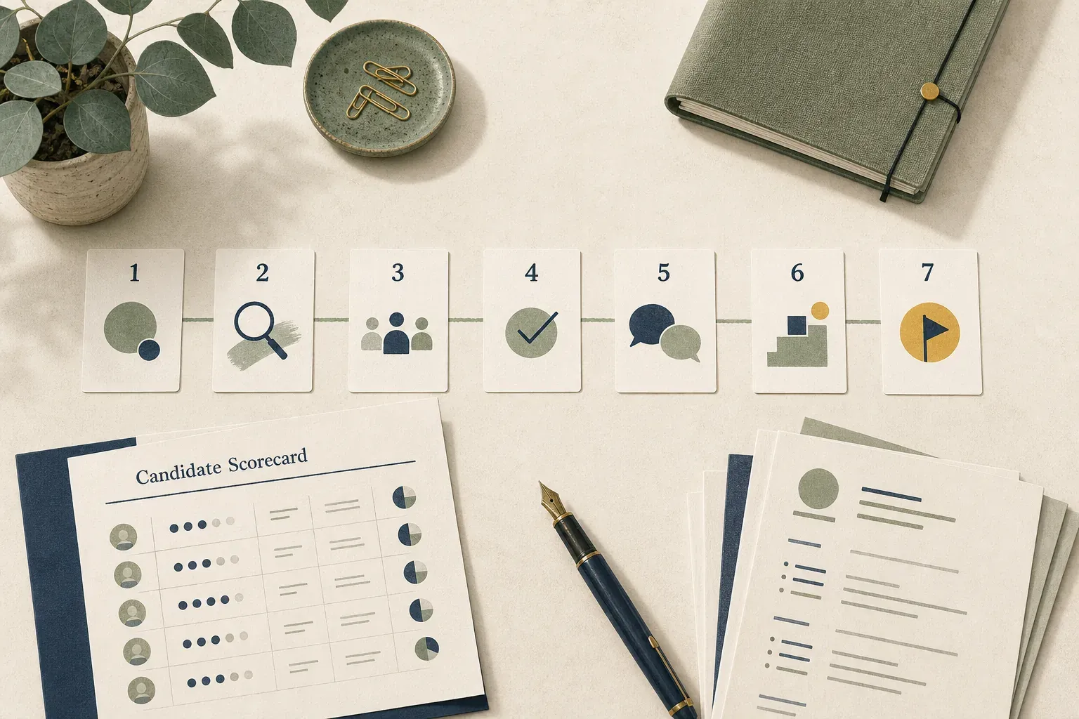 Overhead flat-lay of seven numbered cards in a row with simple icons, beside a candidate scorecard, CVs and a fountain pen.