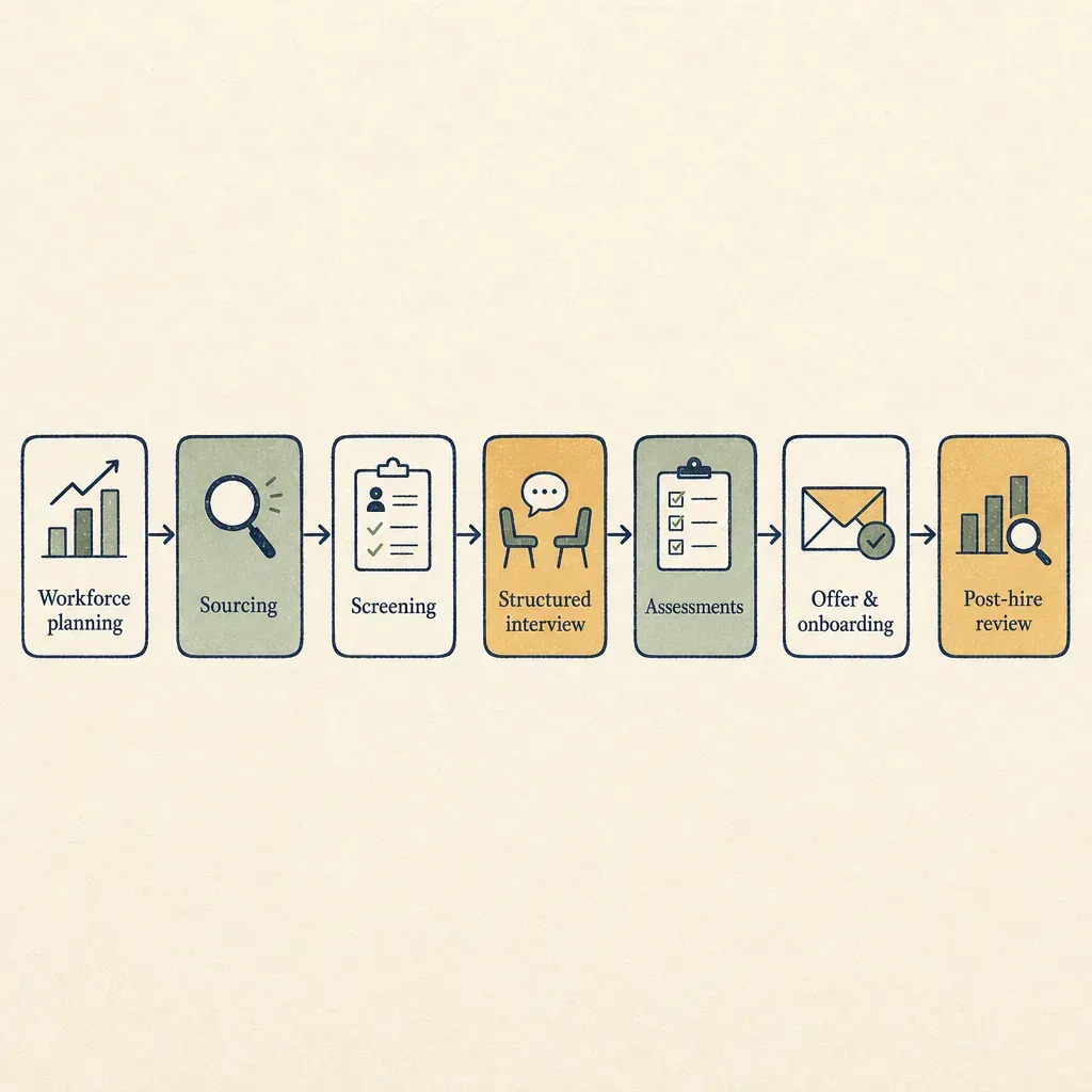 Editorial flowchart of seven recruitment process steps from workforce planning to post-hire review, each in a labelled box with simple icons.