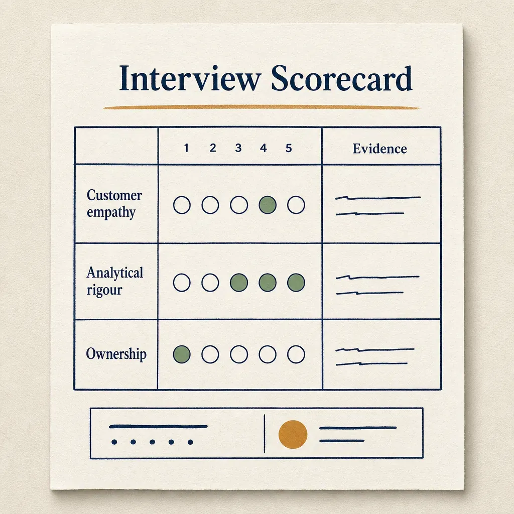 Sample one-page interview scorecard with three capabilities, anchored 1 to 5 rating scales, and an evidence column for interviewer notes.