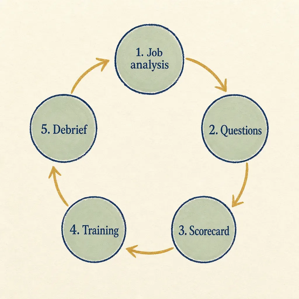 Loop diagram of the install order for a structured recruitment process: job analysis, questions, scorecard, training, debrief.