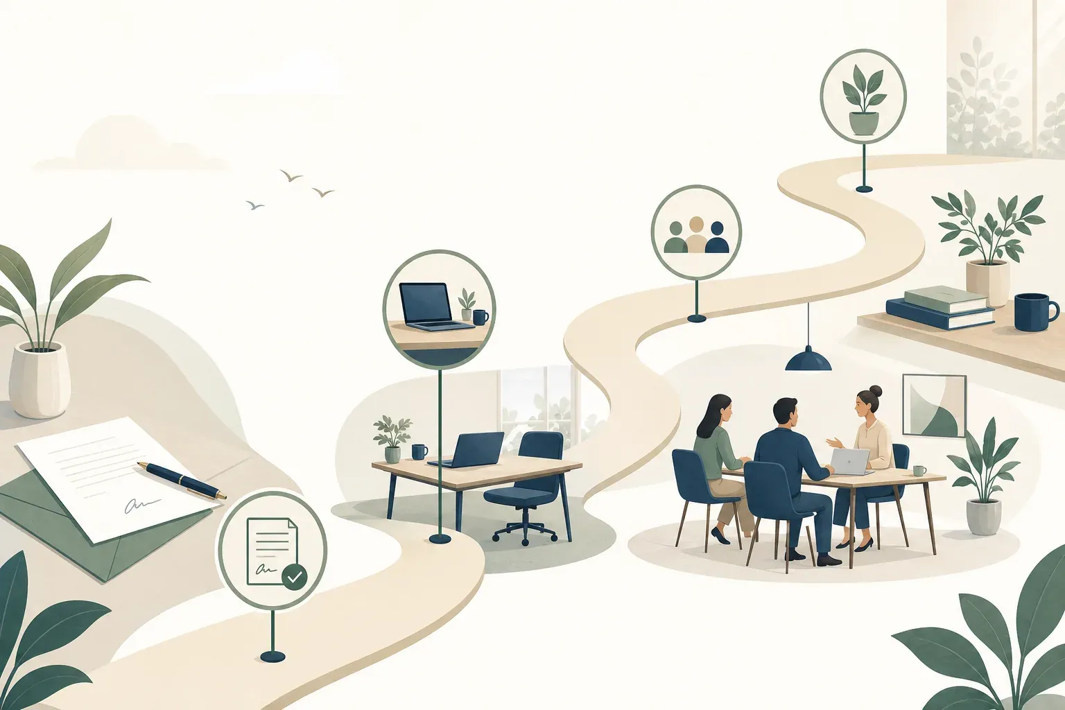 Illustrated cream path winding past a signed offer, a desk with laptop, a meeting of three, and a plant on a shelf.