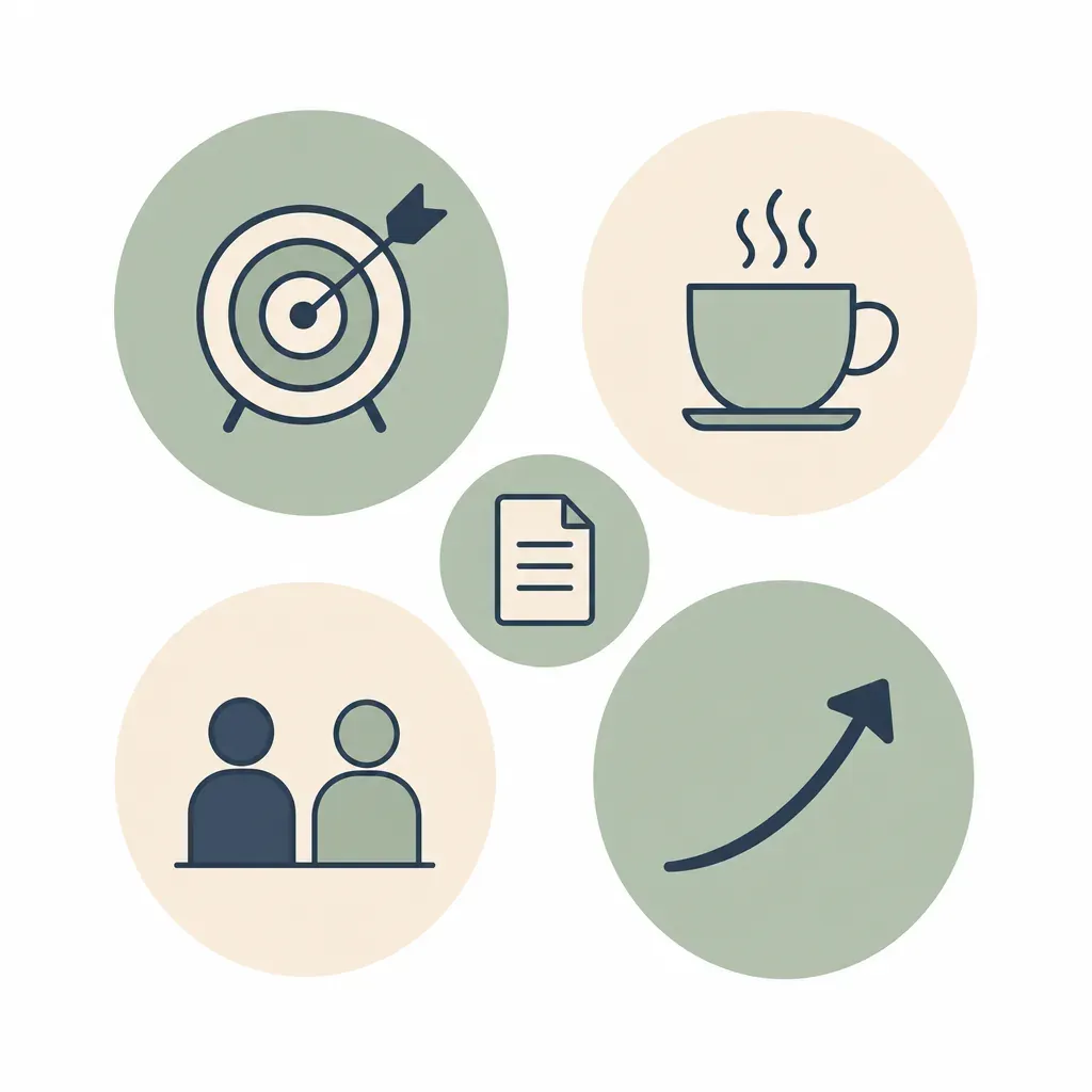 Five circles with icons (target, coffee cup, document, two figures, upward arrow) representing the five Cs of onboarding.