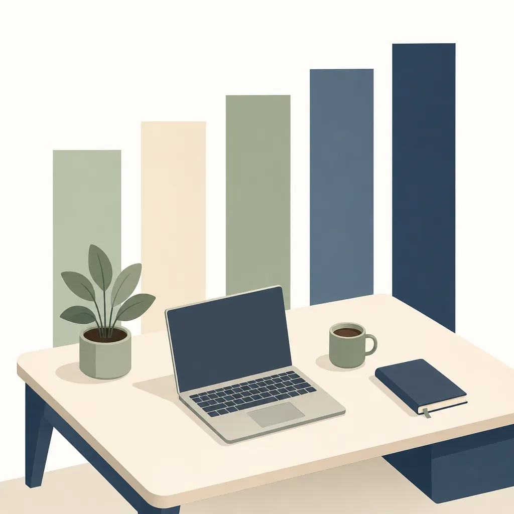 Flat illustration of a tidy desk with laptop, plant, coffee and notebook against a five-bar progression in sage and navy.
