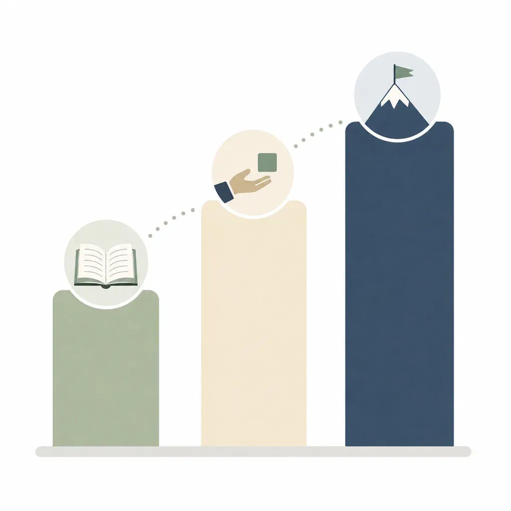 Three rising columns topped with a book, a hand offering a small square, and a mountain peak with a flag - the 30/60/90 plan.