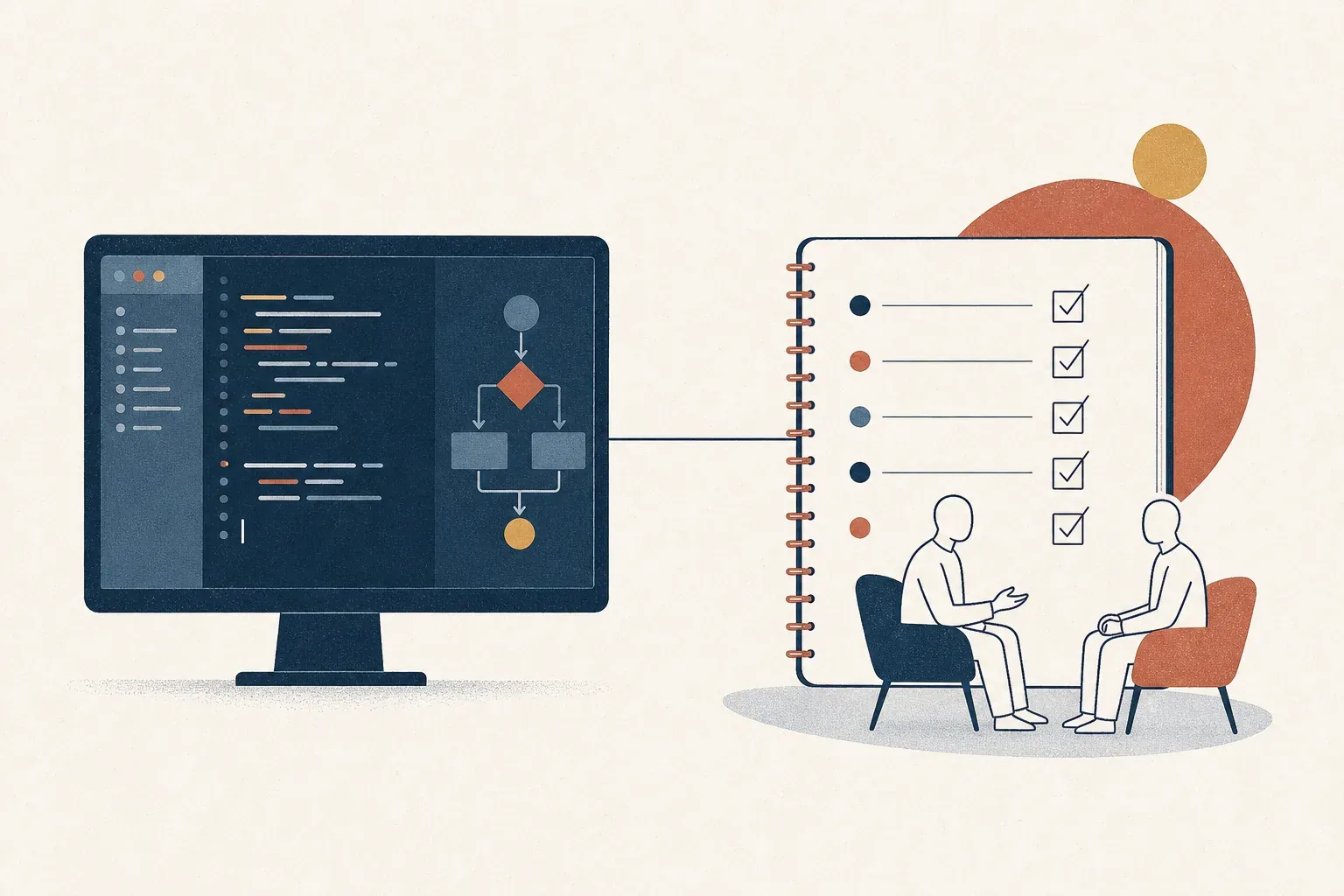 Code editor with flow diagram on the left, a rubric notebook with ticks and two seated figures in conversation on the right.