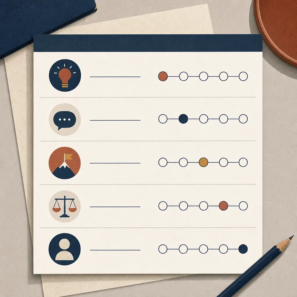 A one-page interview scorecard with five icon rows and five-dot anchored rating scales beside each, plus a pencil.