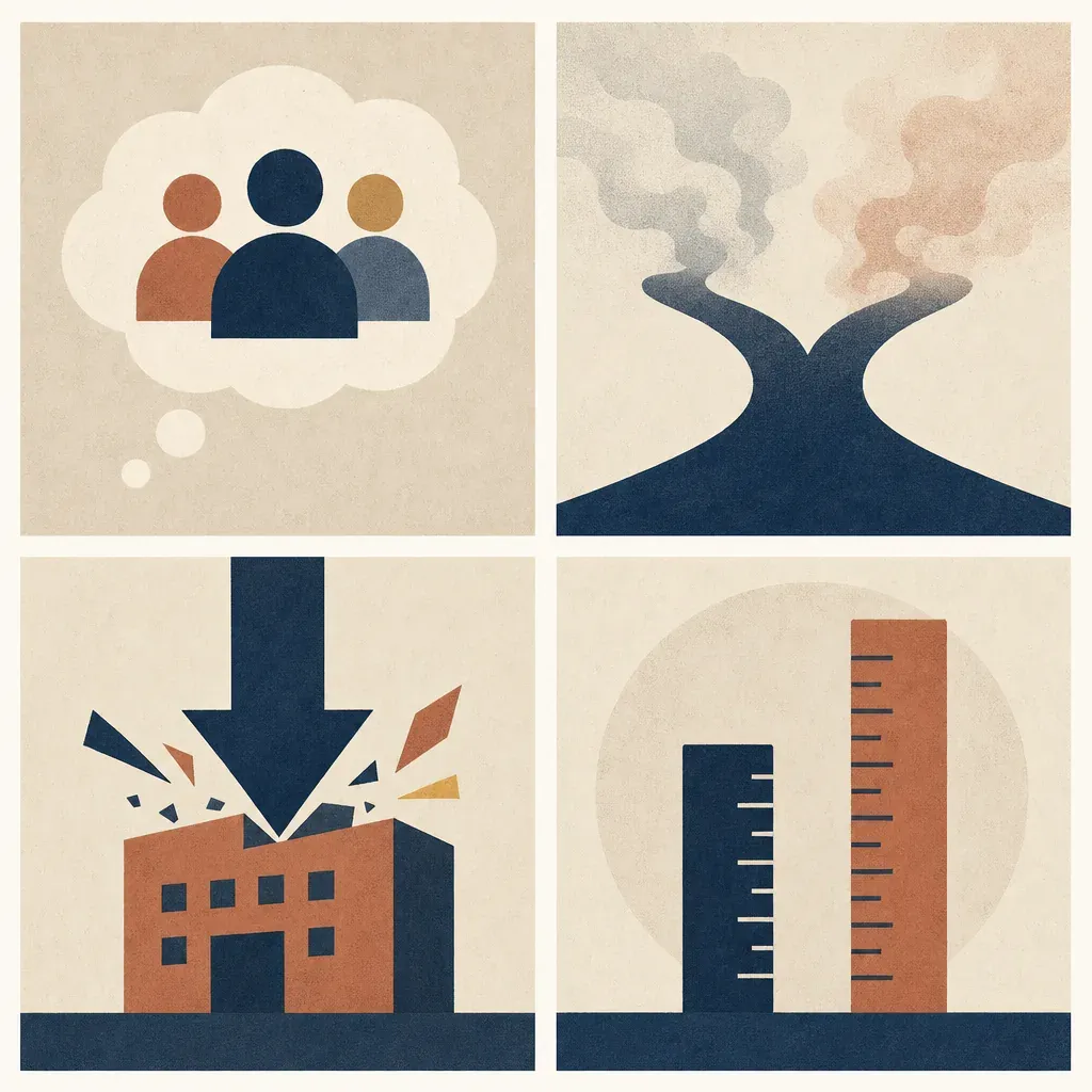 Four panels: thought bubble of a group, forked smoke, arrow striking a building, two different-length rulers.