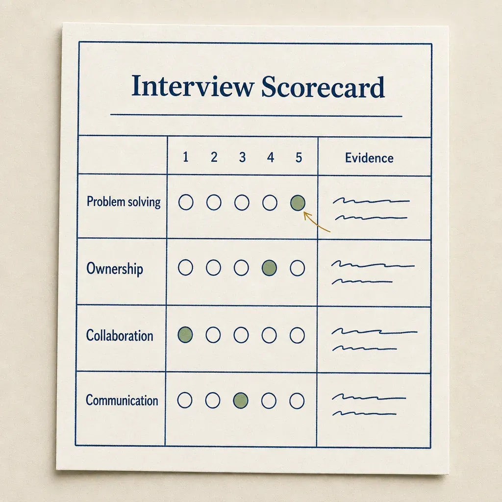 Annotated one-page interview scorecard with capability rows, a 1-to-5 anchored rating scale and an evidence column.