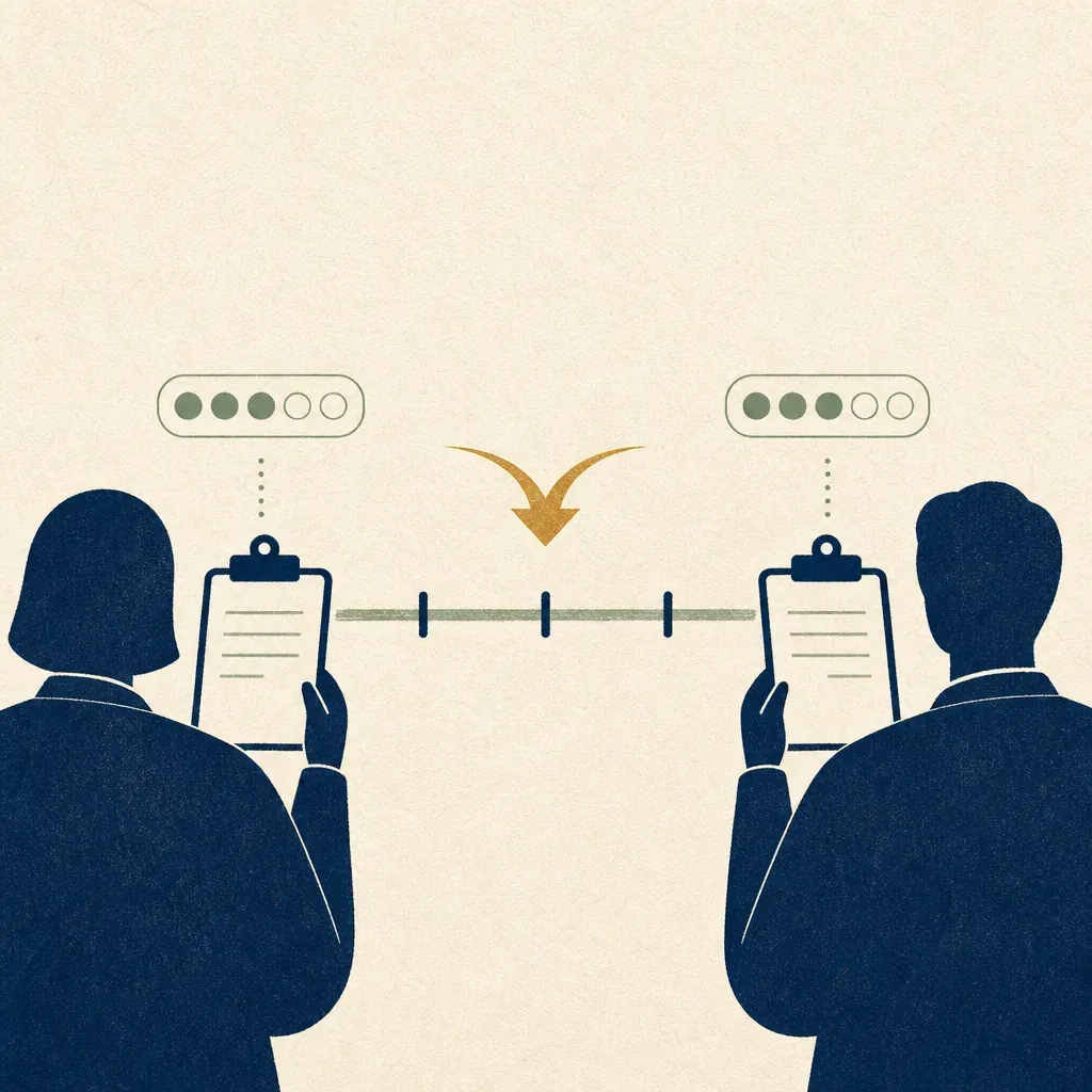 Two interviewers with clipboards converging on the same score, with behavioural anchors as the bridge between them.
