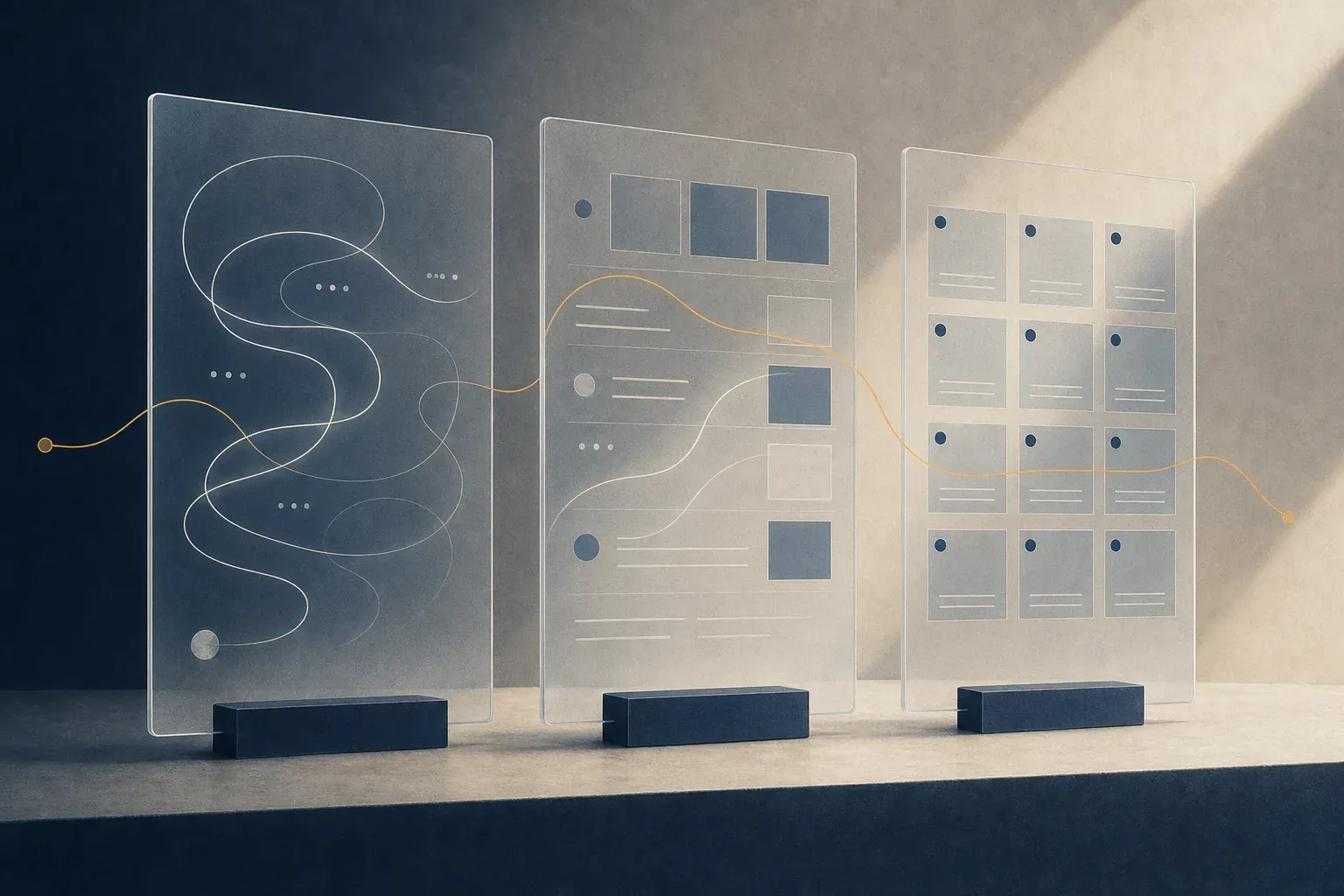 Three translucent glass panels on plinths: free curves, a partial grid, and a tidy structured grid, joined by an amber line.