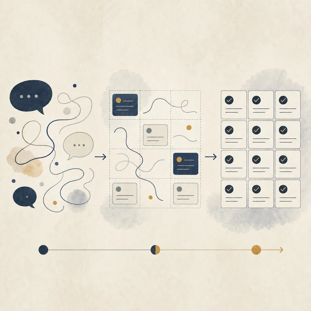 Three illustrated panels showing a progression from loose speech bubbles, through a partial grid with mixed cards and curves, to a tidy grid of identical cards.