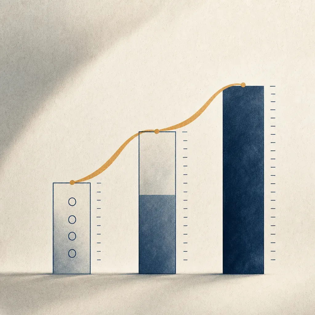 Stylised three-bar chart on cream paper: a short hollow bar, a medium half-filled bar, and a tall solid navy bar, linked by an amber curve.
