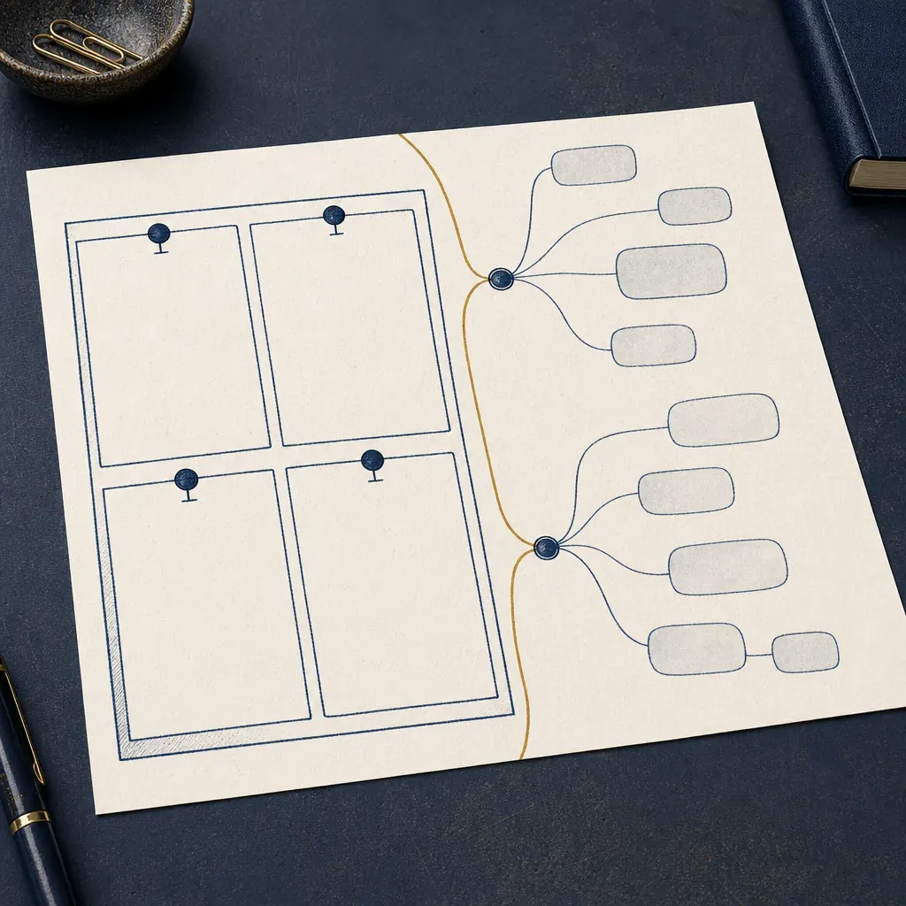 An open notebook page split by an amber line: a tidy grid of anchored question boxes on the left, a branching diagram of follow-up probes on the right.
