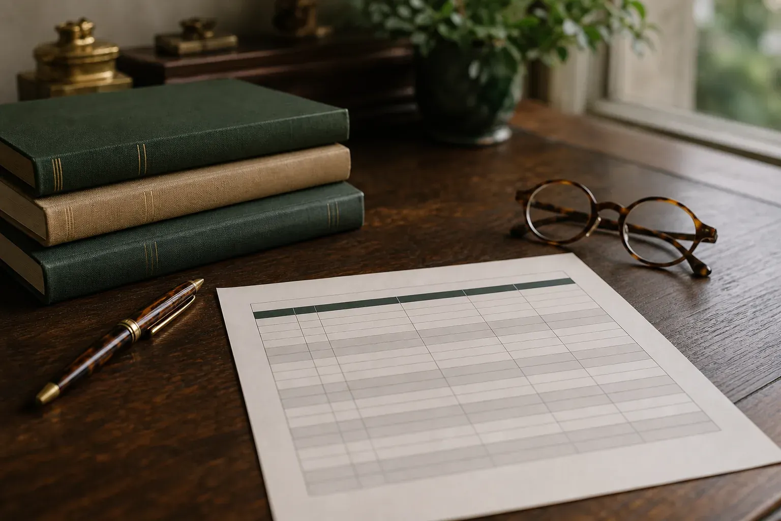 Green and tan cloth-bound books on a dark desk with tortoiseshell glasses, a pen, and a printed scoring grid sheet.