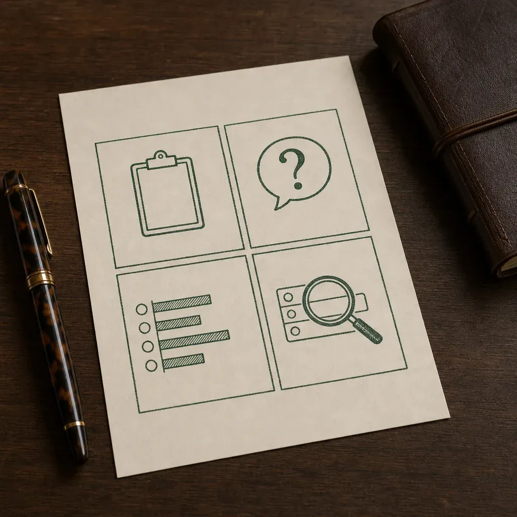 Cream paper sheet on a dark wooden desk with four hand-drawn green pictograms in a 2x2 grid: clipboard, question-mark speech bubble, rating bars, magnifying glass.