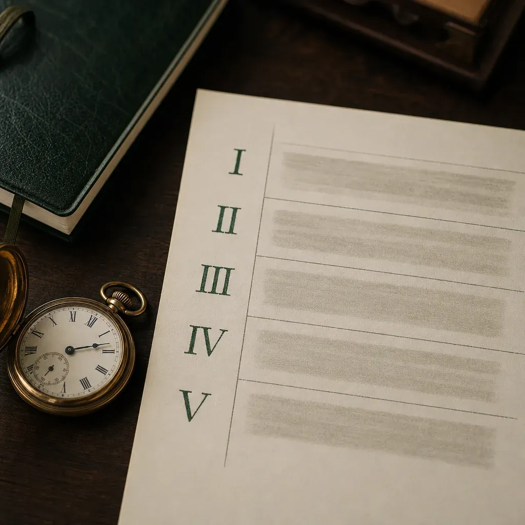 Brass pocket watch beside a cream paper schedule on a dark desk, with five Roman numerals I to V down the left edge marking module rows.