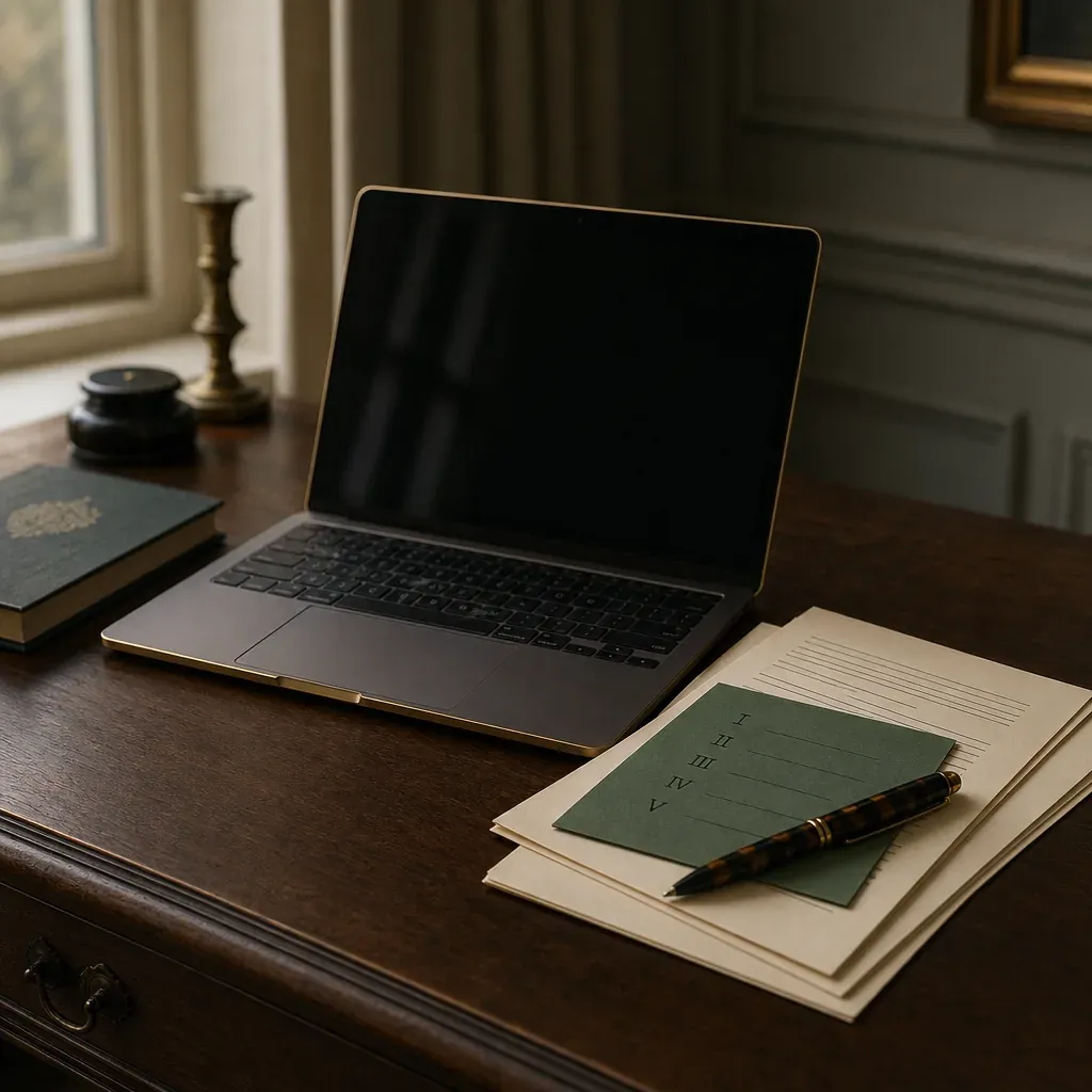Open laptop on a dark wooden desk with a small green index card showing Roman numerals I to V resting on a stack of cream lesson pages with a tortoiseshell pen.