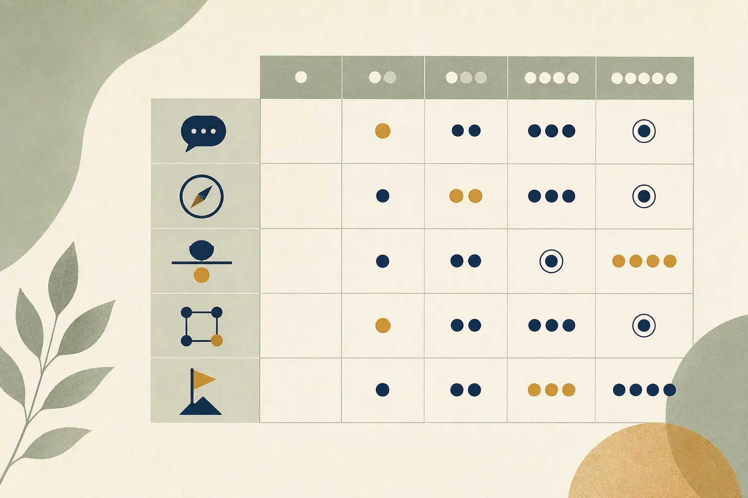 Stylised competency matrix with icon rows and dot-cluster columns showing rising proficiency levels, in sage and navy.