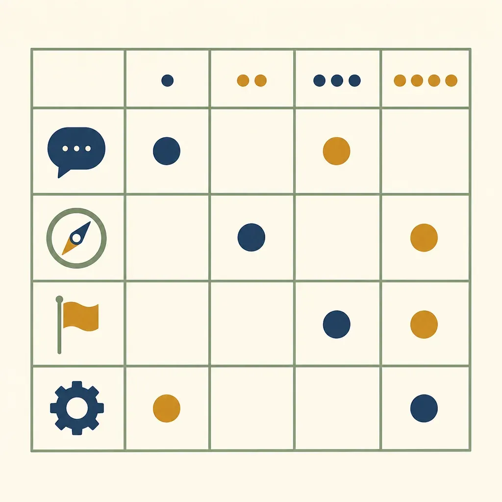 A four-row grid with speech-bubble, compass, flag and gear icons, with rising dot clusters across columns indicating proficiency levels.
