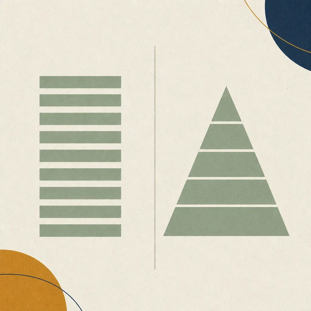 A flat stack of equal sage bars on the left beside a five-tier sage pyramid on the right, separated by a thin vertical line.