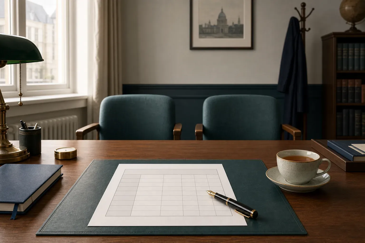 A blank gridded scorecard on a green leather desk pad with two empty teal armchairs, fountain pen, and morning tea.
