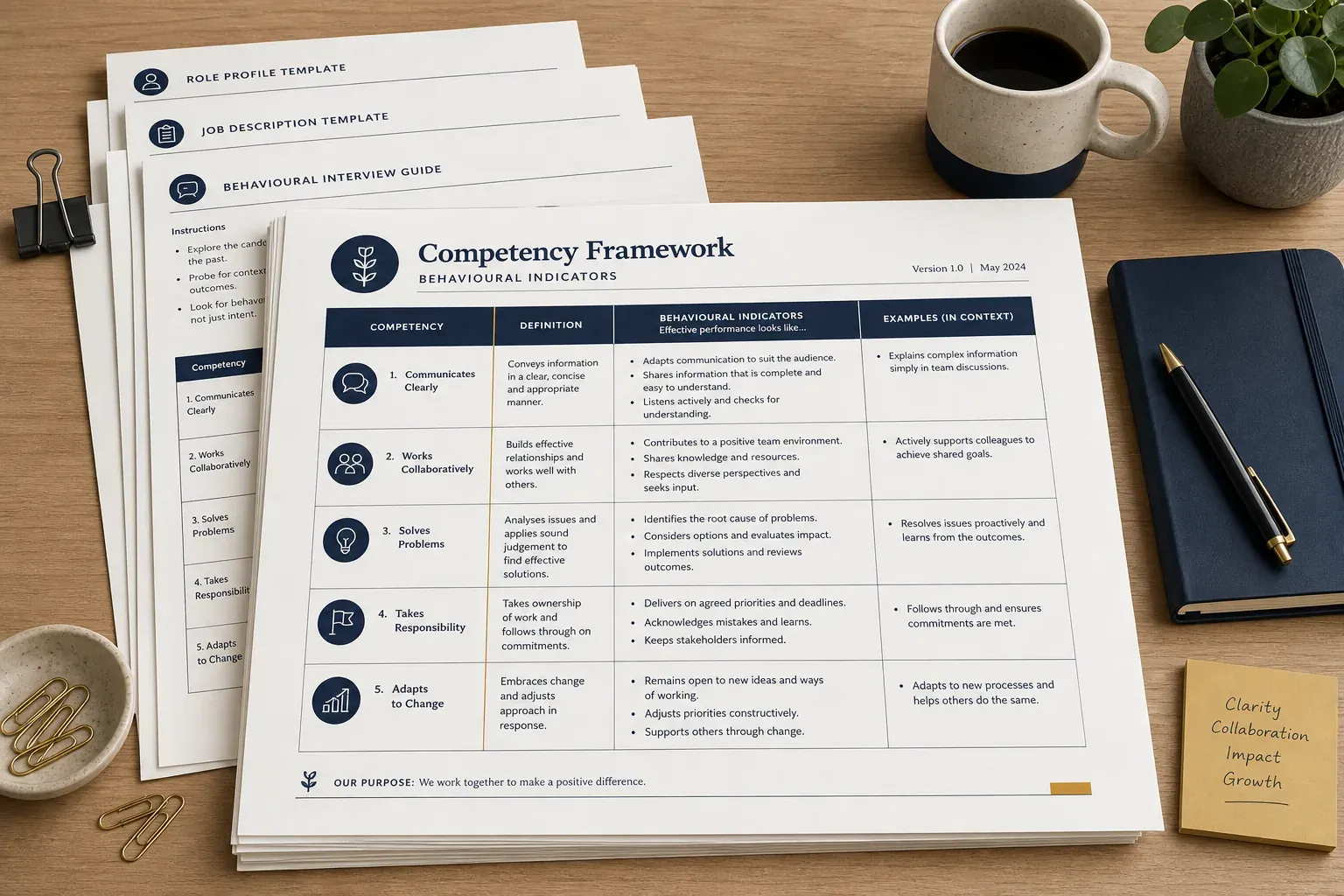 A competency framework document and stack of role templates on a wooden desk with a notebook and coffee mug.