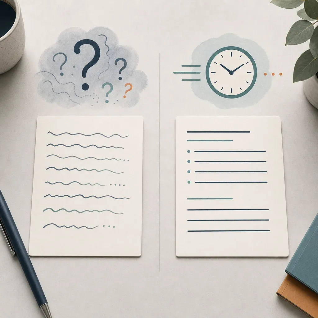 Two paper cards side by side: one with vague wavy lines under a question-mark cloud, one with crisp ruled lines under a clock.