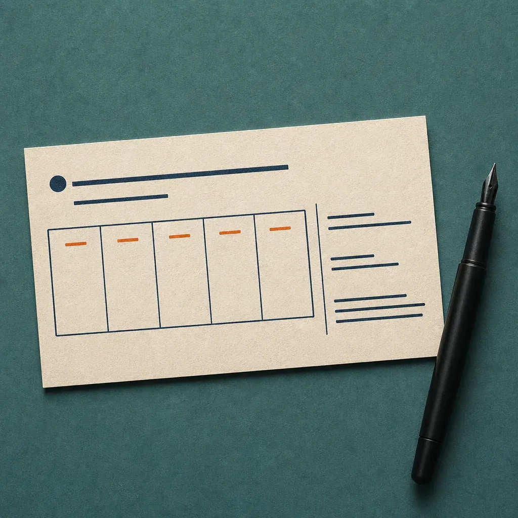 A scorecard row on cream paper showing five abstract rating cells next to short anchor descriptor lines, with a black fountain pen.