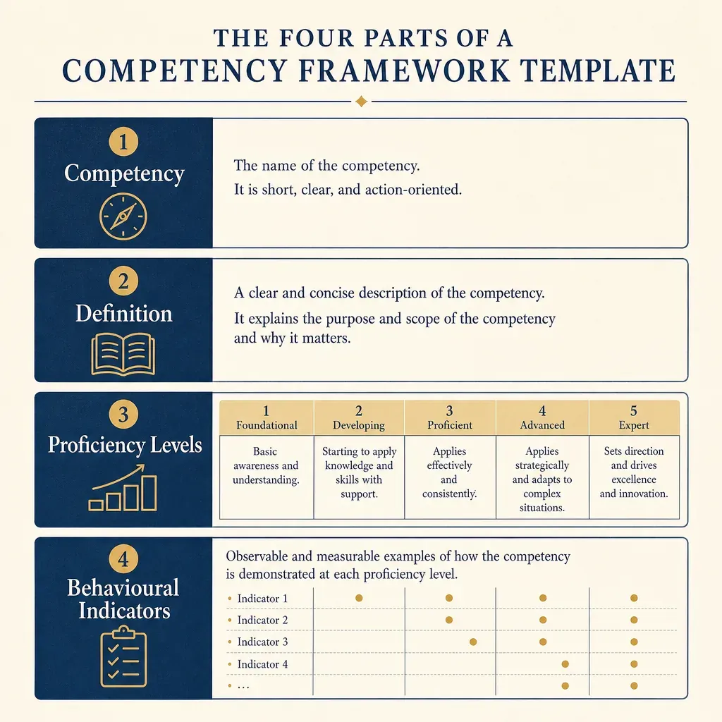 Diagram of the four parts of a competency framework template: competency, definition, proficiency levels, behavioural indicators.