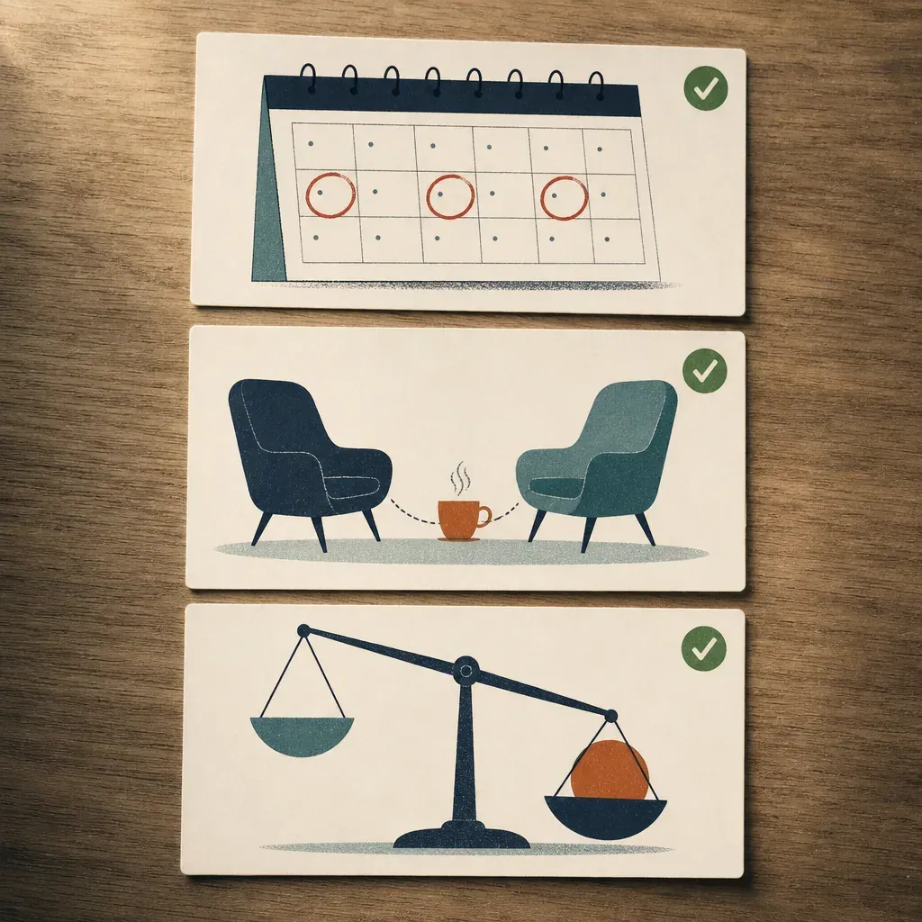 Three illustrated cards: a calendar with circled dates, two armchairs around a steaming cup, and a tilted balance scale, each green-ticked.