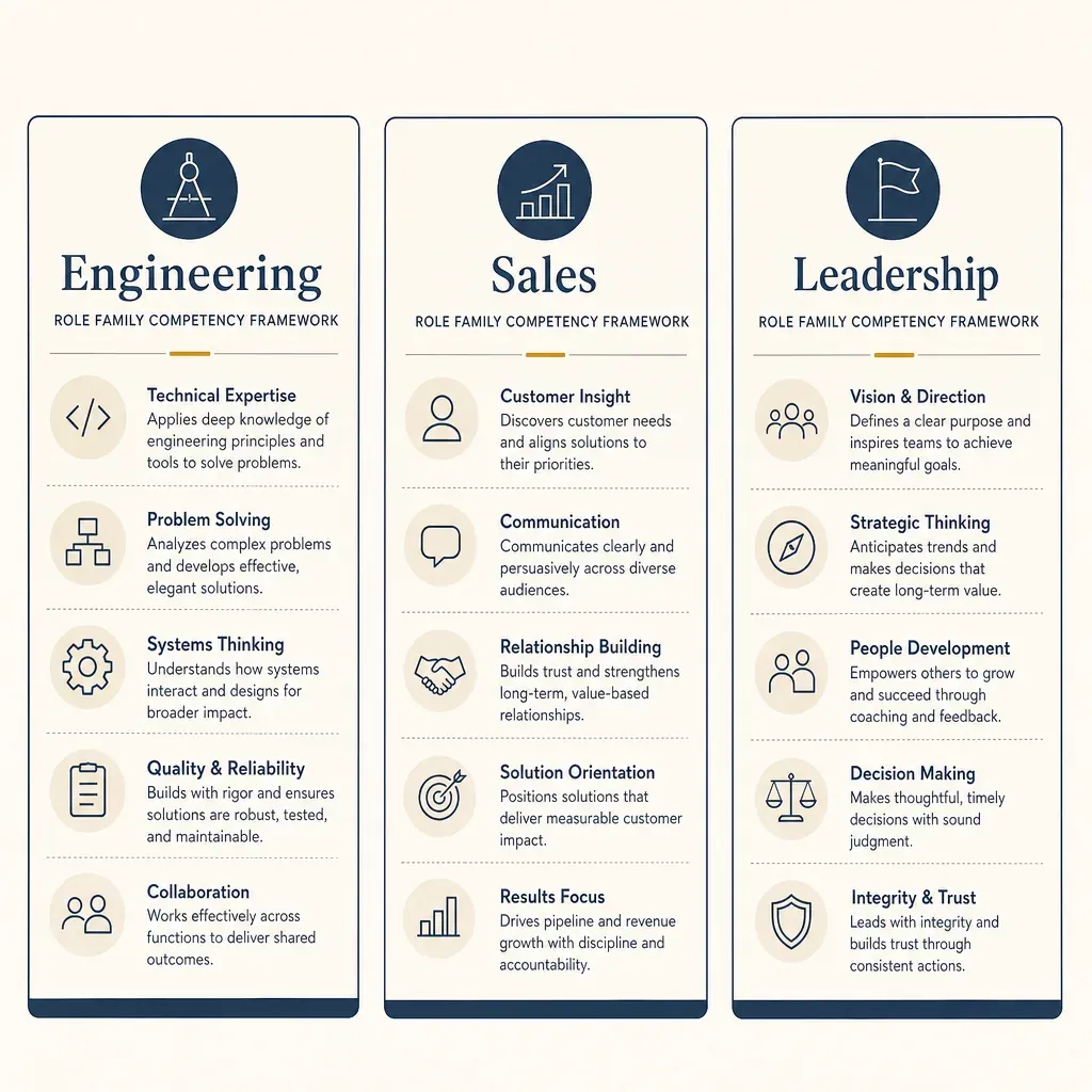 Three role-family competency framework cards side by side: engineering, sales, and leadership, each listing five competencies.