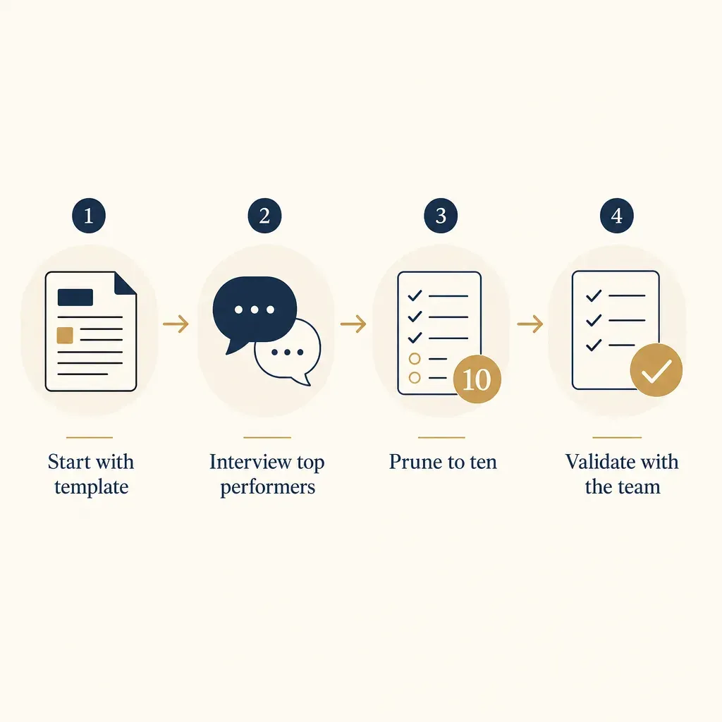 Four-step process flow for adapting a competency framework template: start, interview top performers, prune to ten, validate.