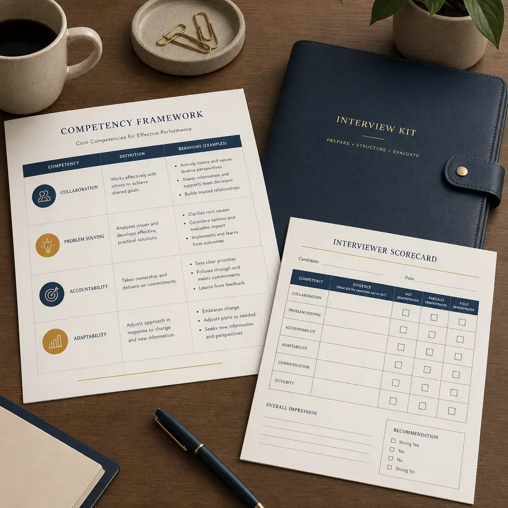 A printed competency framework, an interviewer scorecard, and a navy interview kit folder arranged on a wooden desk.