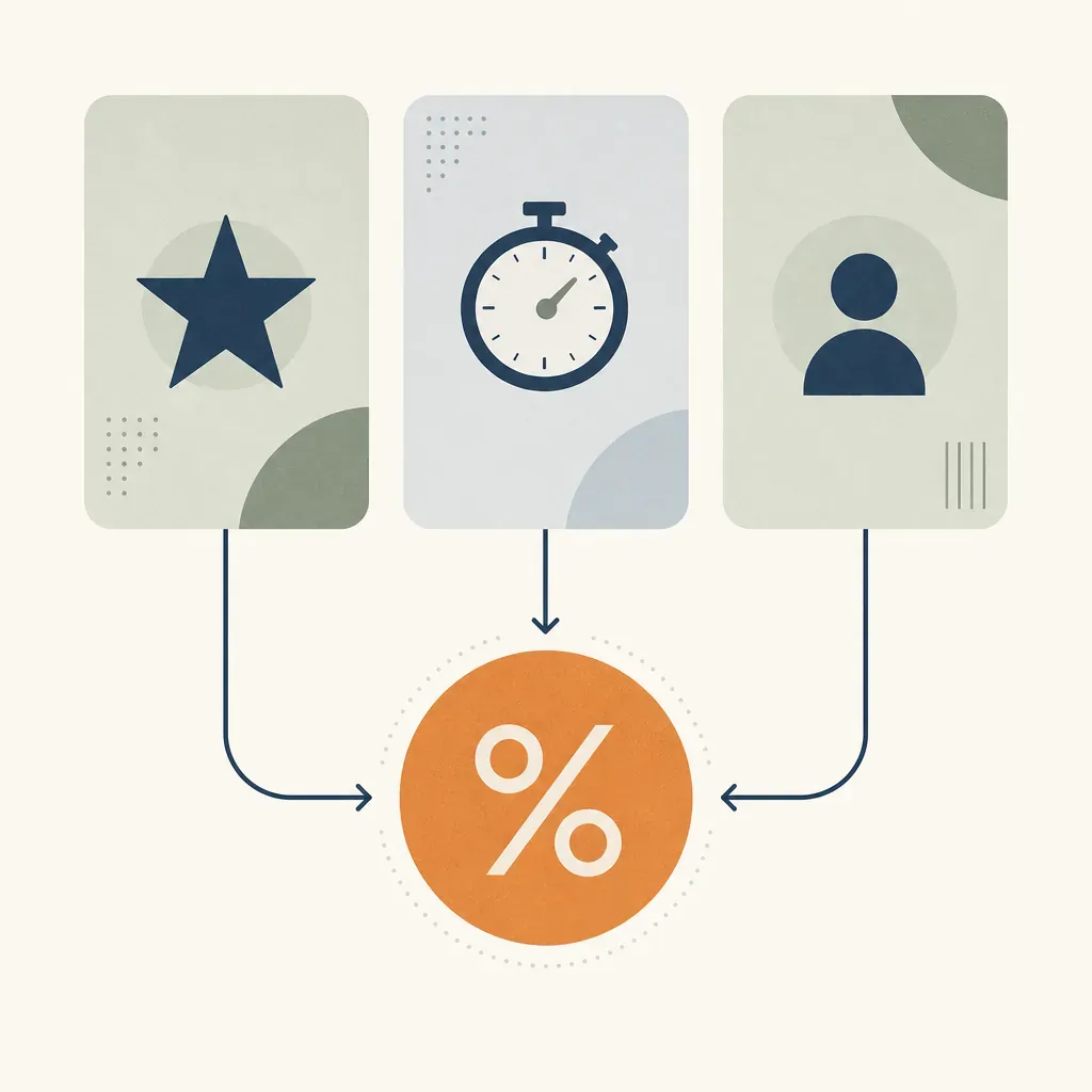 Three card icons - star, stopwatch, and person silhouette - flow into a single orange percentage circle.