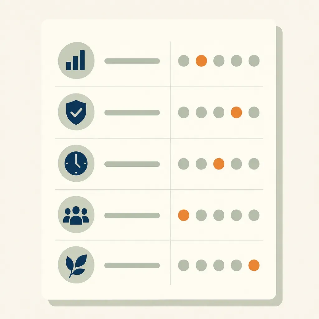 A one-page scorecard with five icon-labelled rows, each with a 1-to-5 dot scale and one orange dot marking the rating.