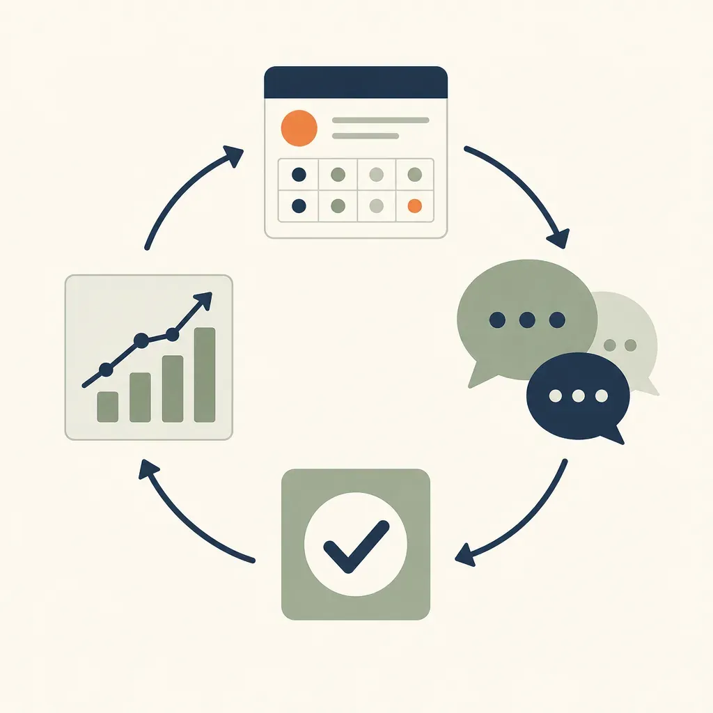 A circular feedback loop linking a scorecard, interview speech bubbles, a decision checkmark, and a performance graph.